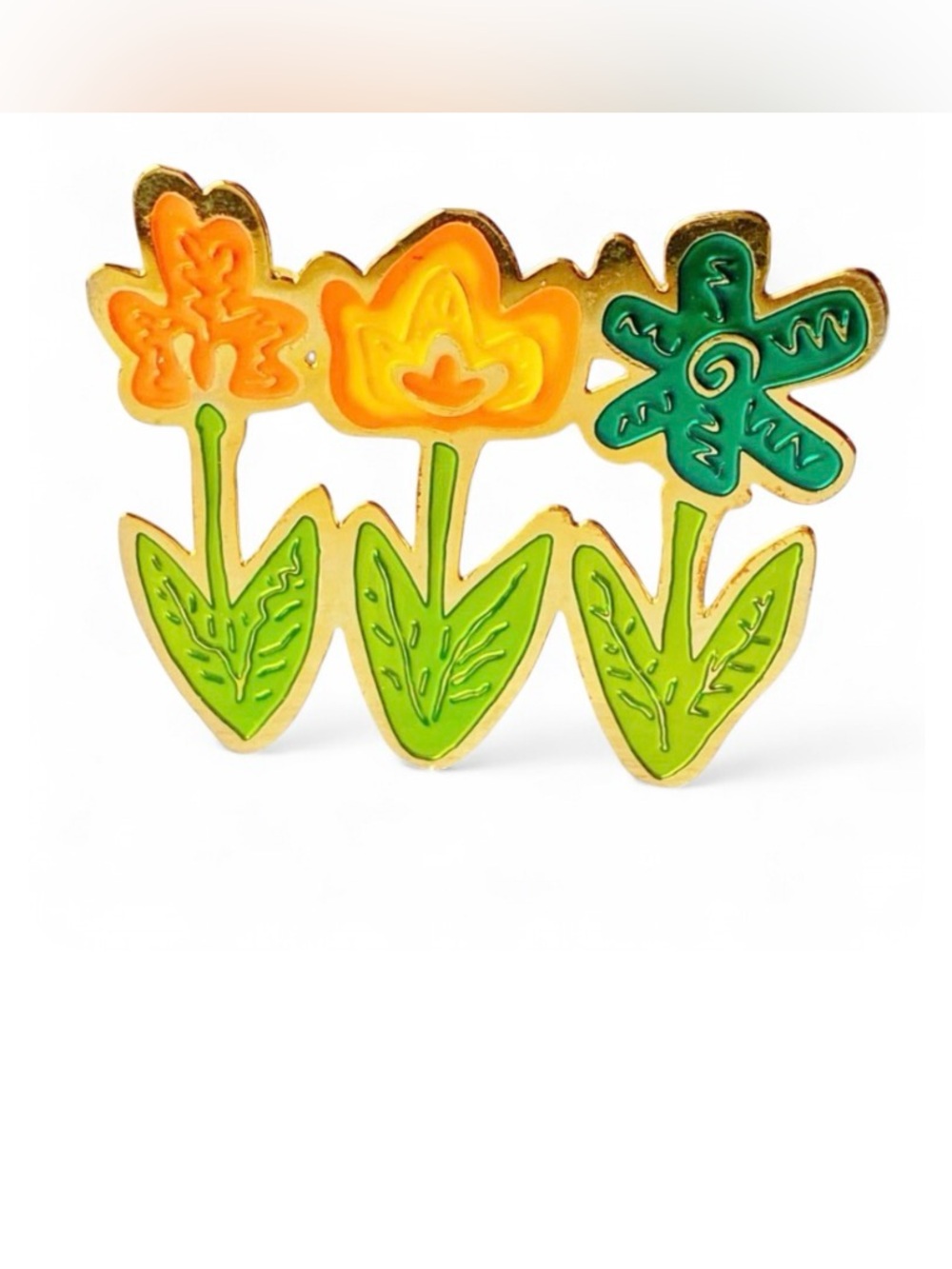 Vintage 80s Enamel Flower Pin Trio Neon Gold Tone Floral Statement Brooch